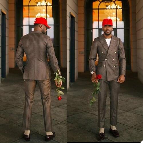 Double Breasted Pinstripe Mens Customized Wedding Tuxedos Slim Fit Groom Wear Dinner Prom Party Blazer (Jacket+Pants)