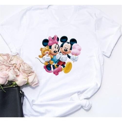 Disney T-shirt Women Cartoon Tee Mickey Minnie Mouse Short Summer Regular Tshirt O-Neck White Tops Tee Shirt Loose 2021