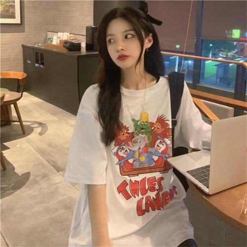 Womens T-shirts Tops Japanese Kawaii Ladies Ulzzang Cartoon Print Lazy Loose Tshirt Female Korean Harajuku Clothes For Women
