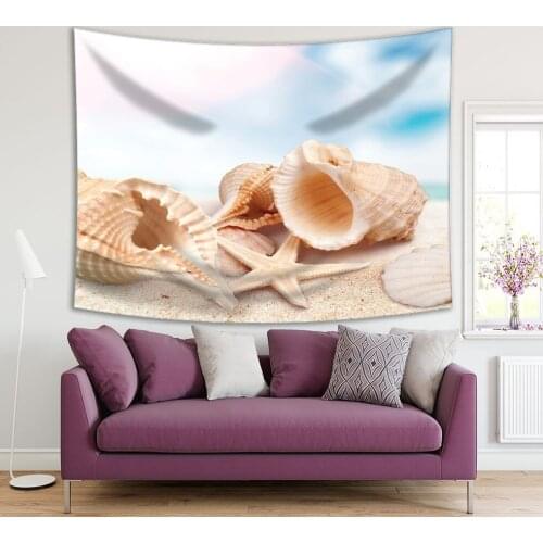 Tapestry Seashells Starfish on Sand Summer Beach Clouds Sky Underwater Life Nature Photo Beige