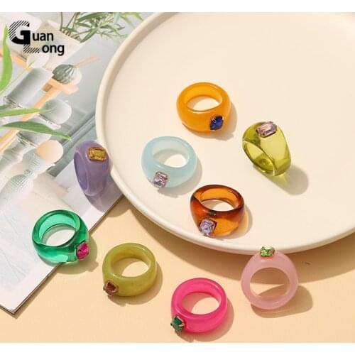 GuanLong Fashion Acrylic Rectangle Rhinestone Rings for Women Transparent Crystal Finger Rings Girls Beautiful Engagement Ring