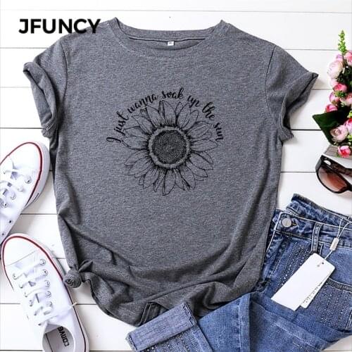JFUNCY Plus Size Women Summer T Shirt Sunflower Printed T-Shirt 100% Cotton Woman Shirts Loose Casual Tee Tops Female Tshirt