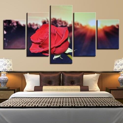 Canvas Paintings Print Picture Modern Living Room or Bedroom Decor Framework Wall Art Draw 5 Pieces Sunset Red Rose Flowers