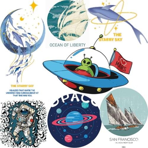 Space UFO Patches For Kids Clothing DIY T-shirt Applique Heat Transfer Vinyl Stripes Mountain Wave Patch Stickers Thermal Press