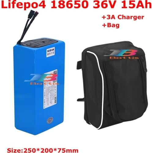 Lifepo4 Battery 36v 15ah+3A Charger BMS bag battery 18650 540Wh for 900W 720W Electric Mountain bike tricycle motor tractor EV