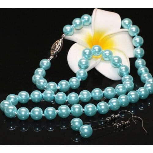 Fashion 8mm sky blue simulated-pearl shell round beads unique design chain necklace earrings for women jewelry 18inch B2362