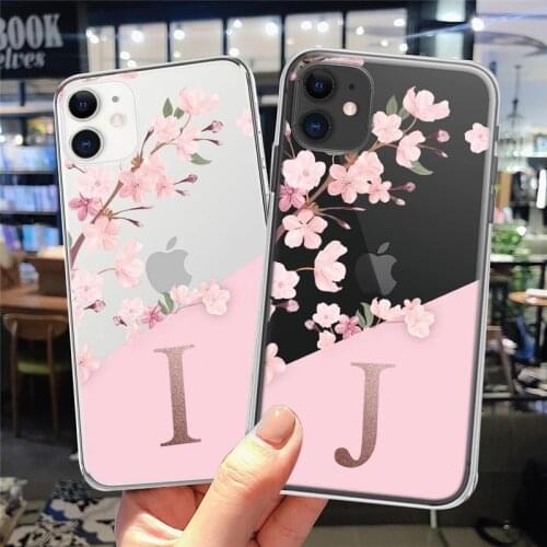 Fashion Initial Letter A To Z Pink Peach Flowers Phone Case For iPhone 11 12 Pro Max 7 8 Plus XS Max X XR Transparent Soft Cover