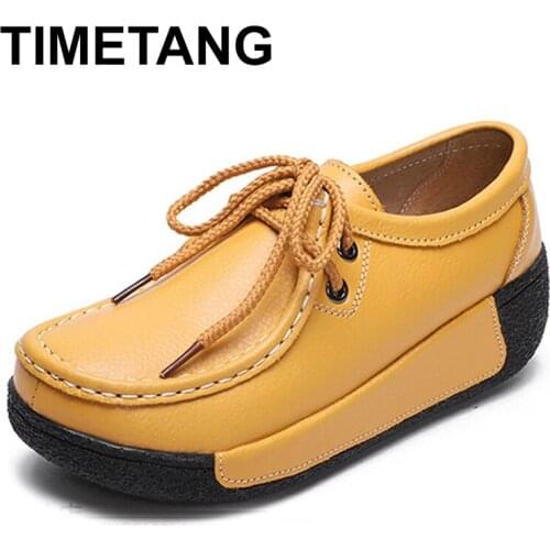 TIMETANGWomens flat platform moccasins comfortable genuine leather loafers womens shoes autumn slip on womens casual shoes
