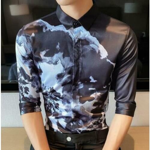 Mens Pointed Slim Fit Printing Floral 3/4Sleeved Business Casual Fashion shirt L4