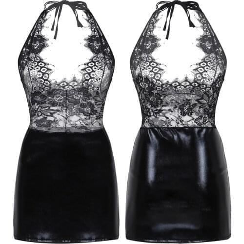 NEW Womens Female Mini Clubwear Dress See Through Lace Lingerie Leather Skirt Bodycon Mini Sexy Dresses with G-String Briefs