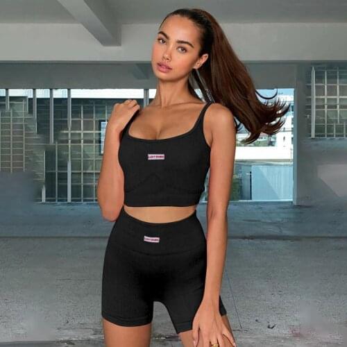 New Hot 2pcs Sporty Sets Women Letter Label Sling Tops + Skinny Shorts Summer Casual Ribbed Gym Running Tracksuit Loungwear