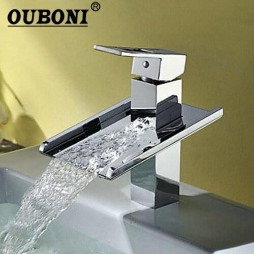 OUBONI Waterfall Spout Polished Chrome Finished Bathroom Basin Sink Mixer Tap Deck Mounted Single Handle Faucet