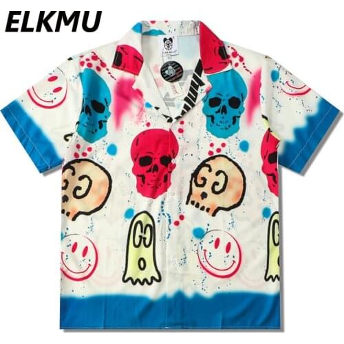 ELKMU Graffiti Print Cartoon Skulls Shirts Beach Hawaiian Short Sleeve Shirt Streetwear Harajuku Blouse Men Shirts Tops HM020