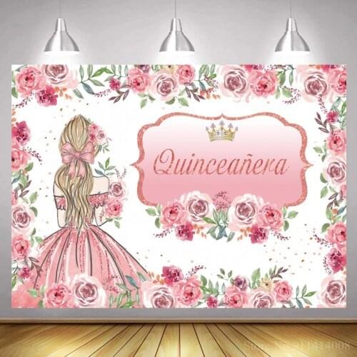 Pink Beauty Flowers Sweet 15 16TH Quinceanera Prom Birthday Party Backdrops Wall Poster Photography Girl Princess Backgrounds