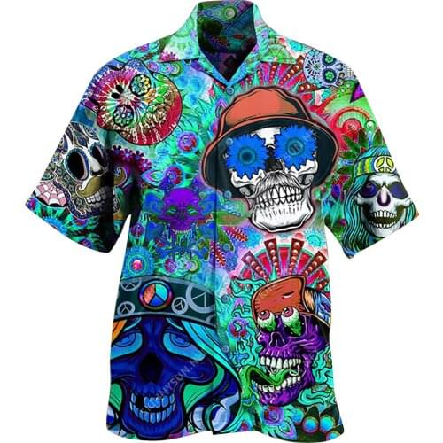 2021 New Funny Print Shirt For Men Individual Design Skull Flower Print Shirts Casual Loose Shirt Beach Wind Top Short Sleeve