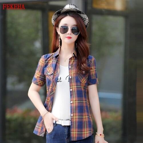 Summer Plaid Shirts Women Blouses Short Sleeve Slim Lady Tops Checked Female Clothes
