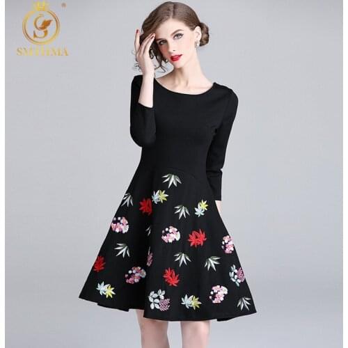 SMTHMA High Quality 2021 New Autumn Embroidery Chic Dress Half Sleeve Vintage Elegant Black Party Dresses Vestidos