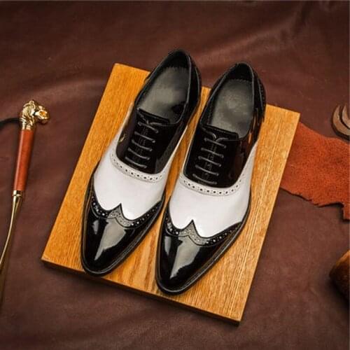 White Black Patent leather Formal Business Shoes Flat Lace Breathable Wedding Party Dress Oxfords