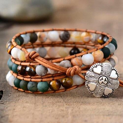 Bracelets for women 6MM Matte Stone 3 Strands Wrap Bracelets Multilayer Boho Leather Bracelet Handmade Jewelry Dropship