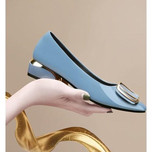 Women cute high quality sky blue 3cm low heel office shoes lady casual classic black pu leather high heel shoes