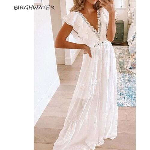 Womans Dress 2021 Summer Women Maxi Party Dresses Sleeveless V Neck White Lace Crochet Vocation Tunic Long Beach Dress