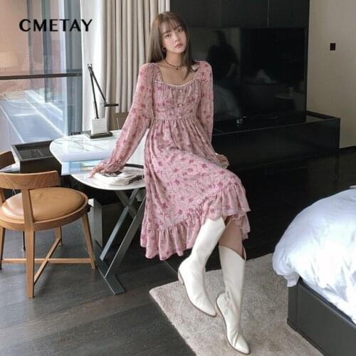 2021 Autumn New Style Korean Retro Square Neck Long Sleeved Dress Women Waist Ruffled Rose Floral Print Mid Length Party Dresses