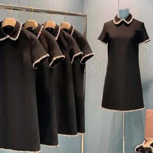 French style small fragrance diamond beading peter pan collar a-line dress women short sleeve slim a-line dress