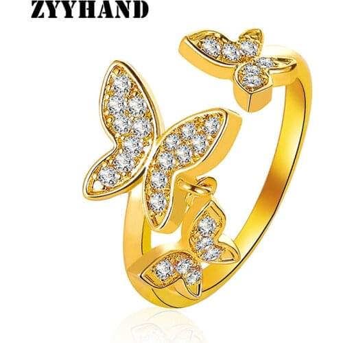 ZYYHAND Butterfly Ring Women AAAA Zircon Gold-Color Adjustable Lady Romantic Engagement Party Rings