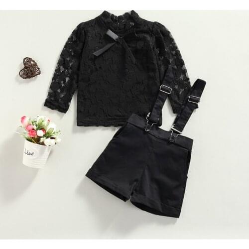 1-5Years Fashion Kids Girls Clothes Sets Autumn Children Girls Mesh Lace Long Sleeve T-shirts+Suspender Shorts Toddler Outfits