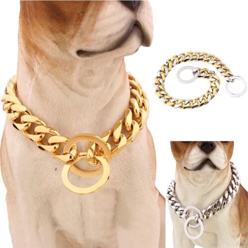 15mm Stainless Steel Dog Chain Metal Training Gold Silver Slip Pet Dog Collars for Large Dogs Pitbull Retriever Free Shipping