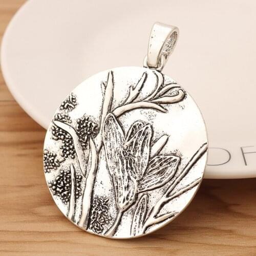 2 Pieces Large Tibetan Silver Carved Flower Round Charms Pendants for Necklace Jewellery Making 72x55mm