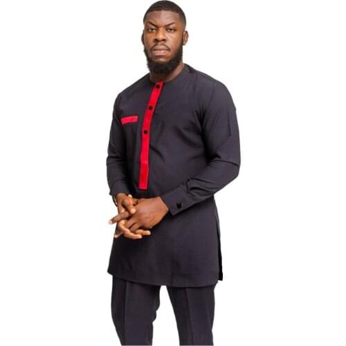 African Men Shirts Patchwork Dashiki Fashion Pant Sets Black Top+Trouser 2 Pieces Customized Mens Outfit For African gatherings