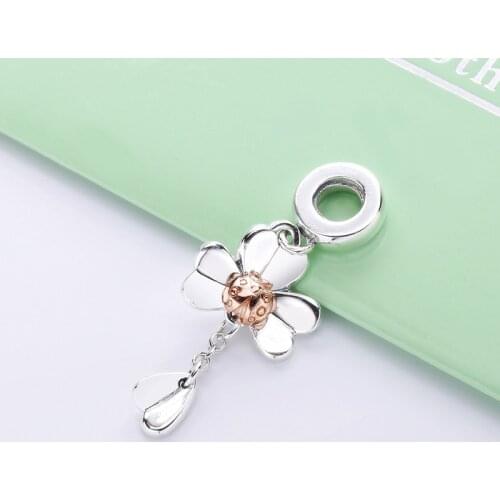 Authentic 925 Sterling Silver Rose Clover & Ladybird Hanging Charms Bead Fit Original Bracelet For Women DIY Jewelry S925 Beads