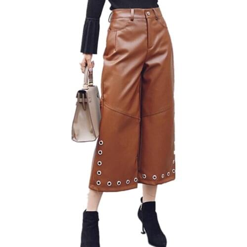 Wide leg pants capirs women winter rivets warm PU leather trousers OL office formal casual pants
