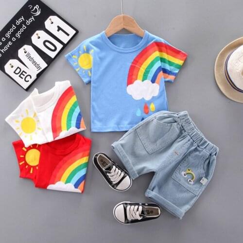 Children Summer Cotton Baby Boys Girls Clothes Sport T Shirt Rainbow Denim Shorts Jeans 2Pcs/Sets Leisure Kids Toddler Tracksuit
