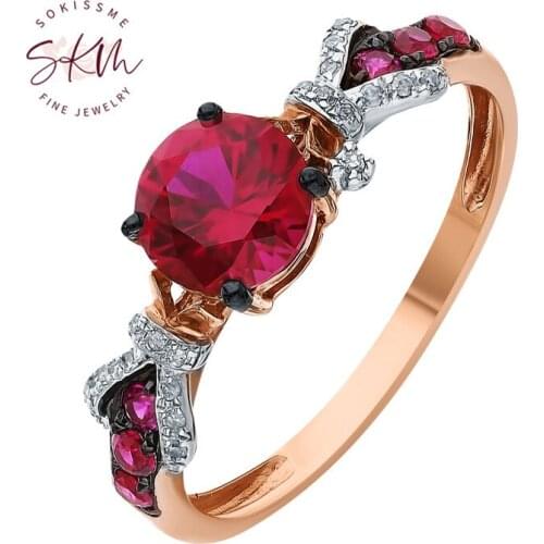 SKM flower ruby rings for women 14k rose gold Vintage brand designer Engagement wedding rings designer Promise Bride Gift