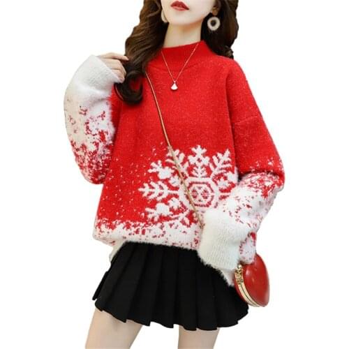 Korean Autumn Winter Thick Mink Fleece Half High Collar Knitted Sweater Women 4 Color Snowflake Loose Knit Pullover Tops Female