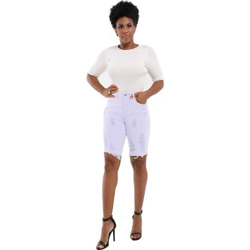 Summer Mid Waist Candy Color Jeans Women Skinny Sexy Ripped Hole Denim Capris Fashion Knee-Length Distressed Jeans Female