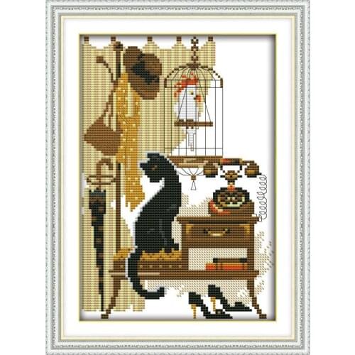 Joy Sunday Black Cat And Parrot Cross Stitch Kits Counted Printed Pattern 11&14CT DIY Embroidery Needlework Sets Decor Baby Room