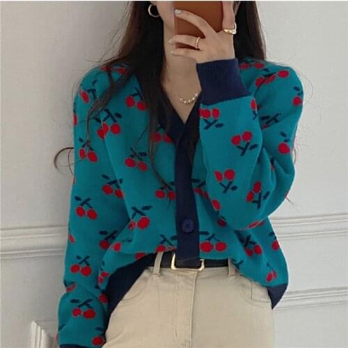 2021 autumn and winter new thick cherry flower cardigan loose jacket knitted sweater top women