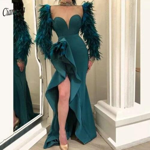 Hunter Green High Neck Long Sleeve Mermaid Evening Dress With Feathers Side Split Arabic Dubai Formal Evening Party Dresses