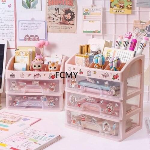 2021 New Kawaii Large Capacity Transparent Drawer Type Desktop Organizer Desk Storage Box Pen Holder School Office Stationery