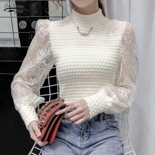 Autumn Long Sleeve Stand Collar Shirts Lace Knitted Bottomed Womens Blouse Lace Patchwork Crochet Women Top Winter Blusas 16001