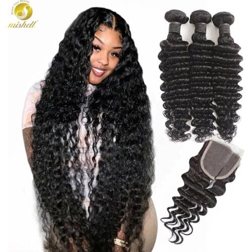 Mishell Brazilian Deep Wave Hair Bundles With Closure Remy Human Hair Weaves 3 4 Bundles Weave And Lace Closure Remy Hair