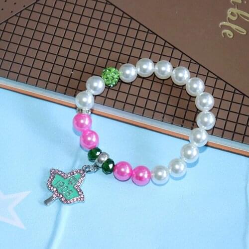Handmade Stretch Pink Green Pearl Greek Letter Organization IVY 1908 Sorority Bracelets For Girl