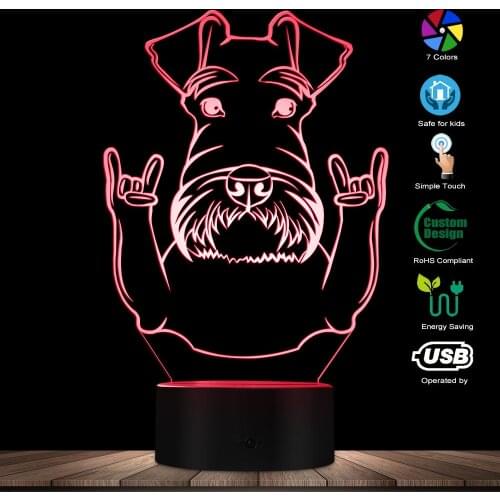 Schnauzer Dog Breed Portrait LED Night Light Schnauzer Animals With Rock Gesture Decorative Color Changing Modern Table Lamp