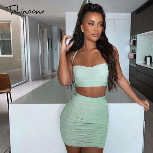 Tobinoone Ruched Double Layer Mesh Sexy Two Piece Set Women Strap Top And Short Skirt Suits Summer 2 Piece Set Party Clubwear
