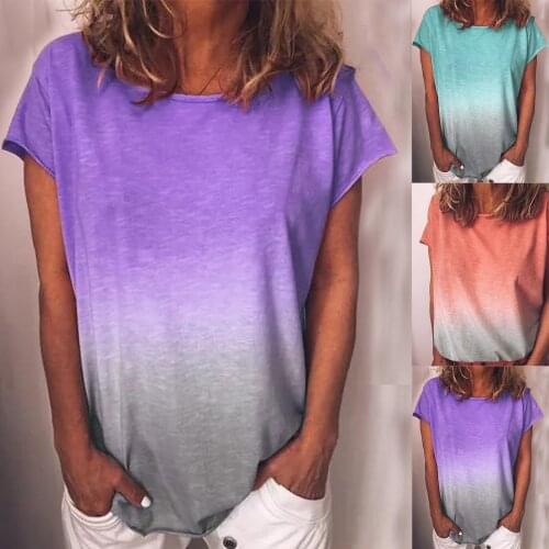 Womens Casual Gradient Color Short Sleeved T-Shirt Tunic Blouse Tops