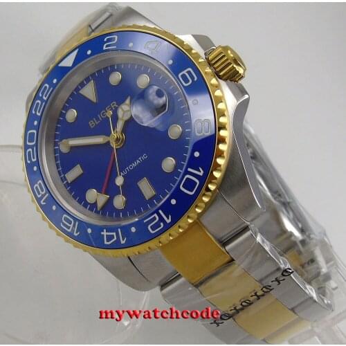 40mm bliger blue dial sapphire glass ceramic bezel GMT date automatic men watch