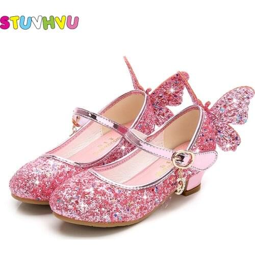Girls high heel children shoes fashion kids sequin princess shoes butterfly party wedding girls dance shoe gold pink blue silver
